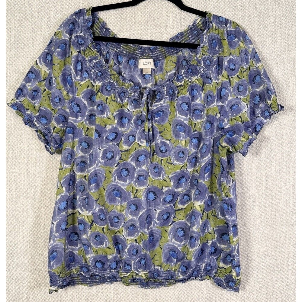 Loft  Smocked Puff Short Sleeve Semi-Sheer Boho Floral Peasant Blouse Size XL